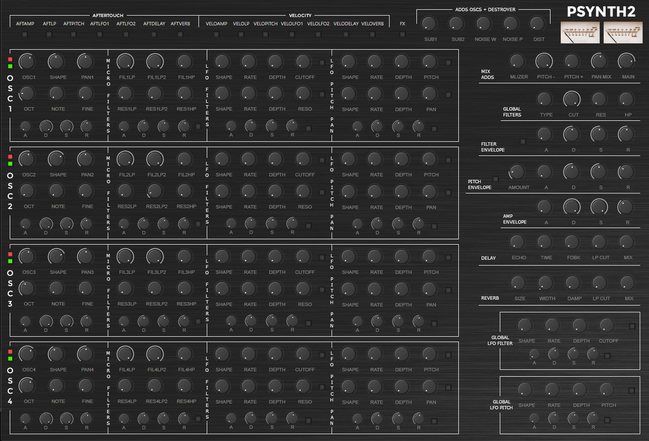 PSynth 2 instrument interface with four oscillator sections, global filters and effects